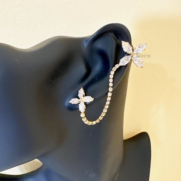 Cubic Zirconia Flower Cuff Earrings - Picture 2 of 9